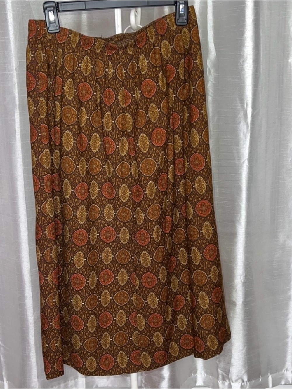 Mid Century Modern Vintage Brown Patterned Midi Skirt Rayon & Wool - Picture 2 of 2